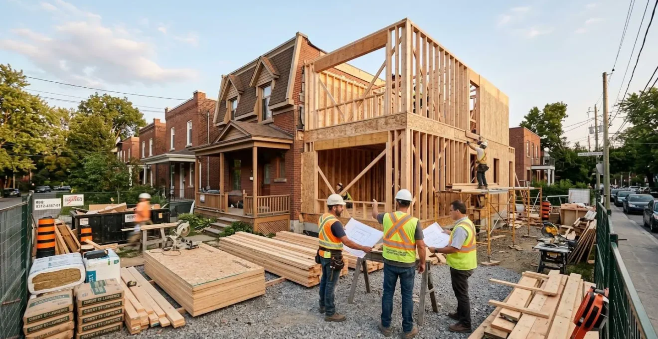 Chantier de rénovation majeure d'une maison résidentielle au Québec avec structure en bois exposée, matériaux de construction empilés et entrepreneur consultant des plans sur le site