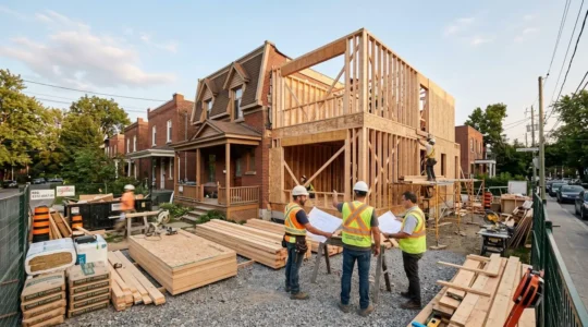 Chantier de rénovation majeure d'une maison résidentielle au Québec avec structure en bois exposée, matériaux de construction empilés et entrepreneur consultant des plans sur le site