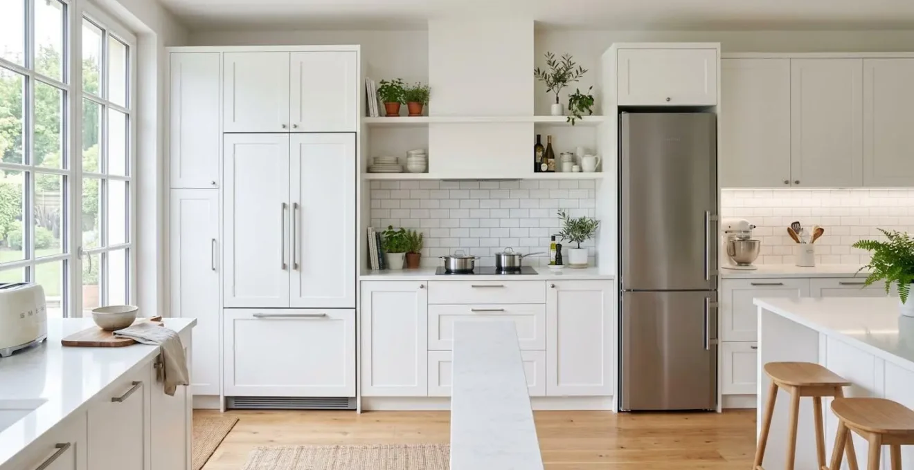 Cuisine moderne française montrant à gauche un réfrigérateur encastrable intégré aux façades blanches et à droite un modèle pose libre en inox sur plan de travail quartz