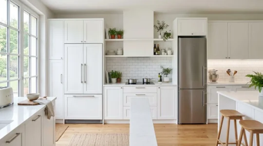 Cuisine moderne française montrant à gauche un réfrigérateur encastrable intégré aux façades blanches et à droite un modèle pose libre en inox sur plan de travail quartz