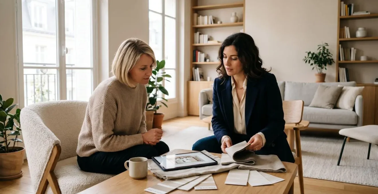 Décorateur d'intérieur professionnel en consultation avec une cliente autour d'échantillons de matériaux et d'un plan d'aménagement sur tablette, dans un salon contemporain lumineux