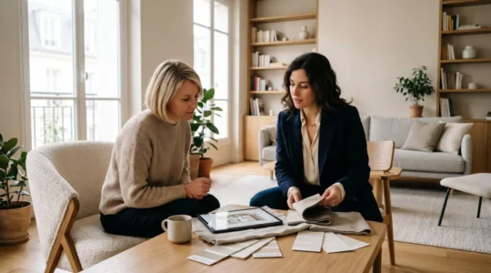 Décorateur d'intérieur professionnel en consultation avec une cliente autour d'échantillons de matériaux et d'un plan d'aménagement sur tablette, dans un salon contemporain lumineux