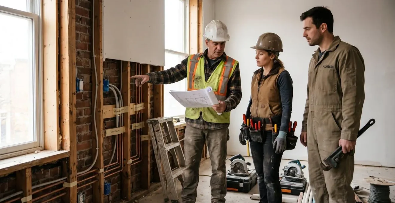 Entrepreneur général coordonnant électricien et plombier sur chantier de rénovation résidentielle avec câblage et tuyauterie visibles