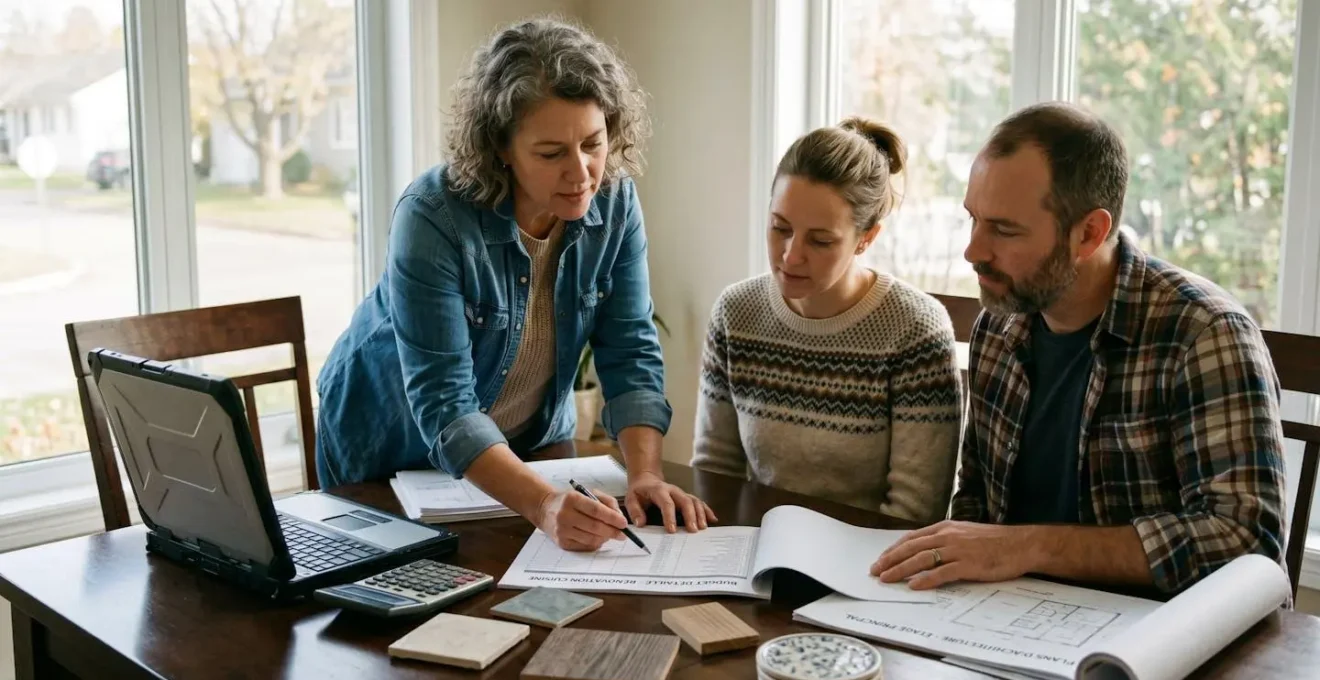 Entrepreneur général présentant une soumission budgétaire détaillée à un couple de propriétaires lors d'une rencontre de planification de rénovation