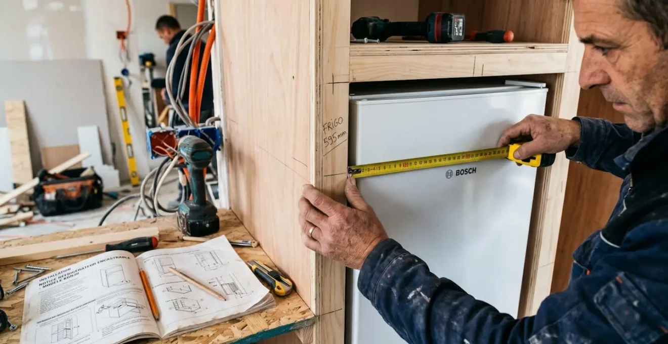 Mains d'installateur vérifiant les dimensions d'encastrement d'un réfrigérateur