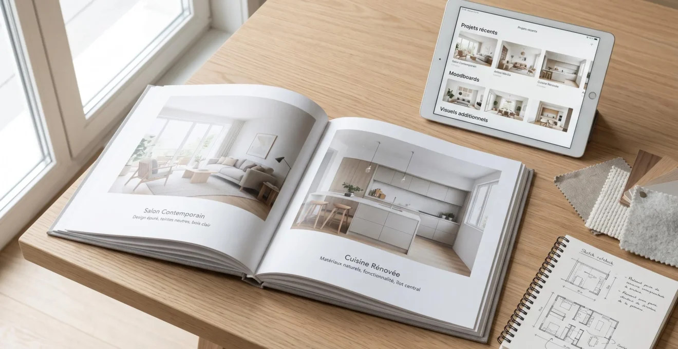 Portfolio professionnel de décorateur d'intérieur ouvert présentant des photographies de réalisations d'aménagements achevés