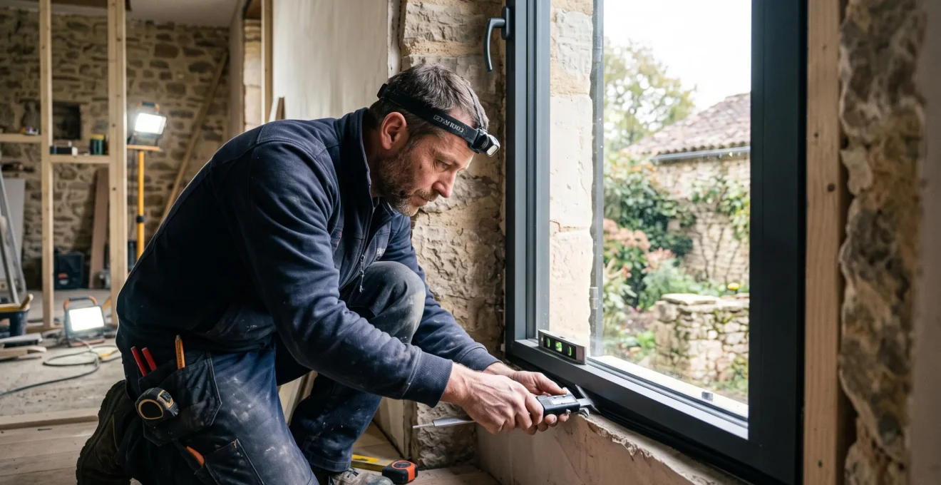 Artisan installant des panneaux d'isolation thermique entre les chevrons d'une toiture dans une maison en cours de rénovation