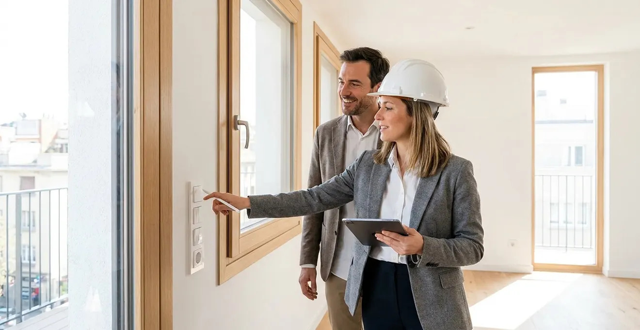 Artisan vérifiant l'étanchéité et le niveau d'une fenêtre double vitrage fraîchement installée avec un outil de mesure de précision