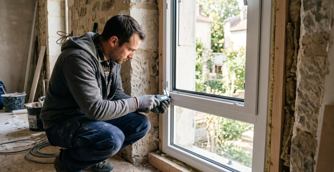 Artisan vérifiant l'étanchéité et le niveau d'une fenêtre double vitrage fraîchement installée avec un outil de mesure de précision