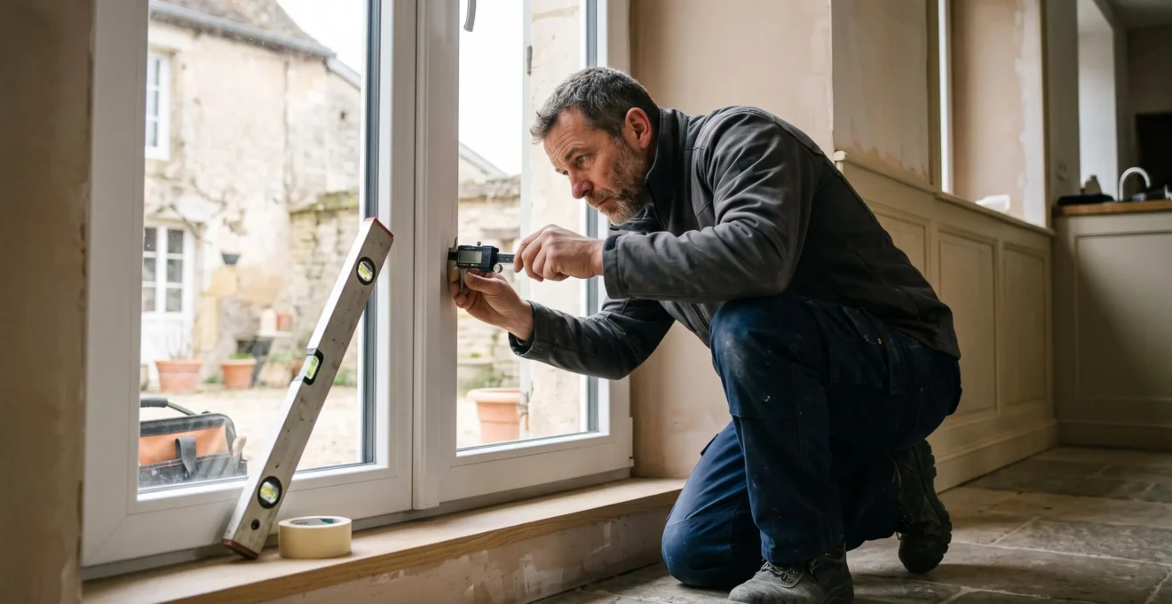Technicien réalisant un diagnostic thermique d'un mur intérieur à l'aide d'une caméra thermique professionnelle