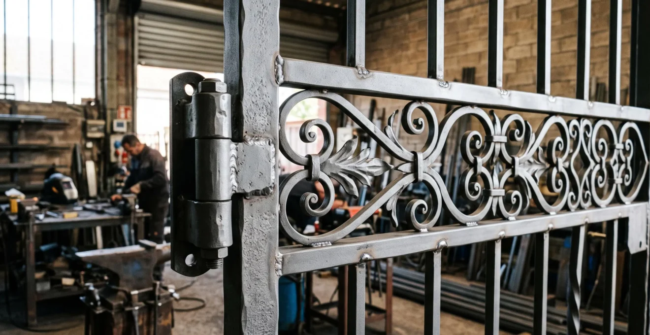 Détail d'une section de portail en acier forgé avec soudures et charnières visibles.