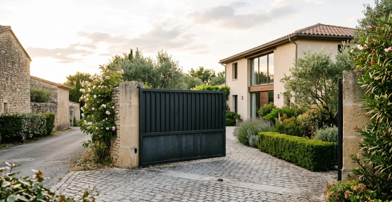 Un grand portail en acier noir légèrement ouvert devant une maison contemporaine.