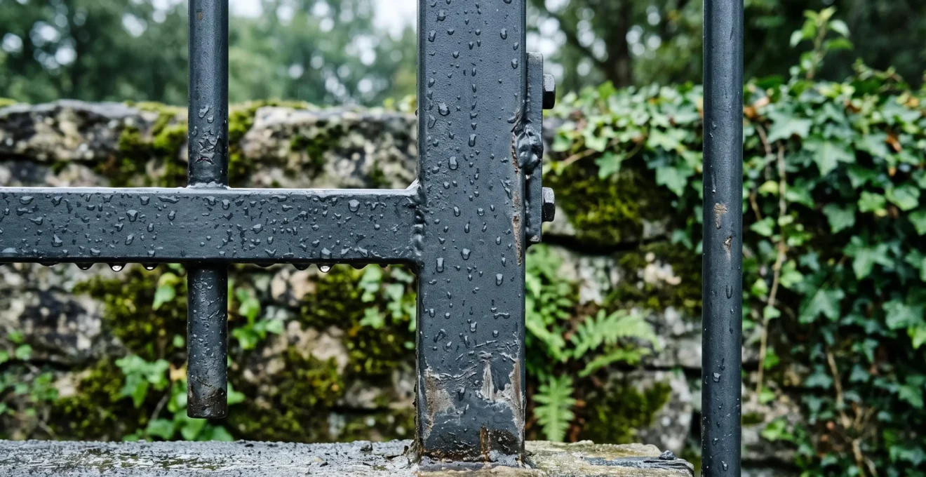 Gouttes de pluie sur un portail en acier laqué, en partie basse des barreaux.