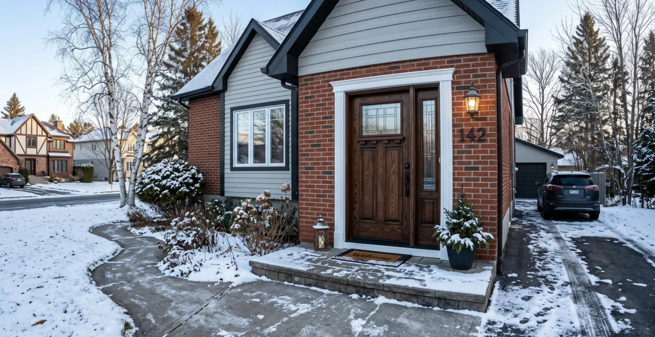 Une porte d'entrée sur-mesure en bois installée sur la façade d'une maison québécoise.
