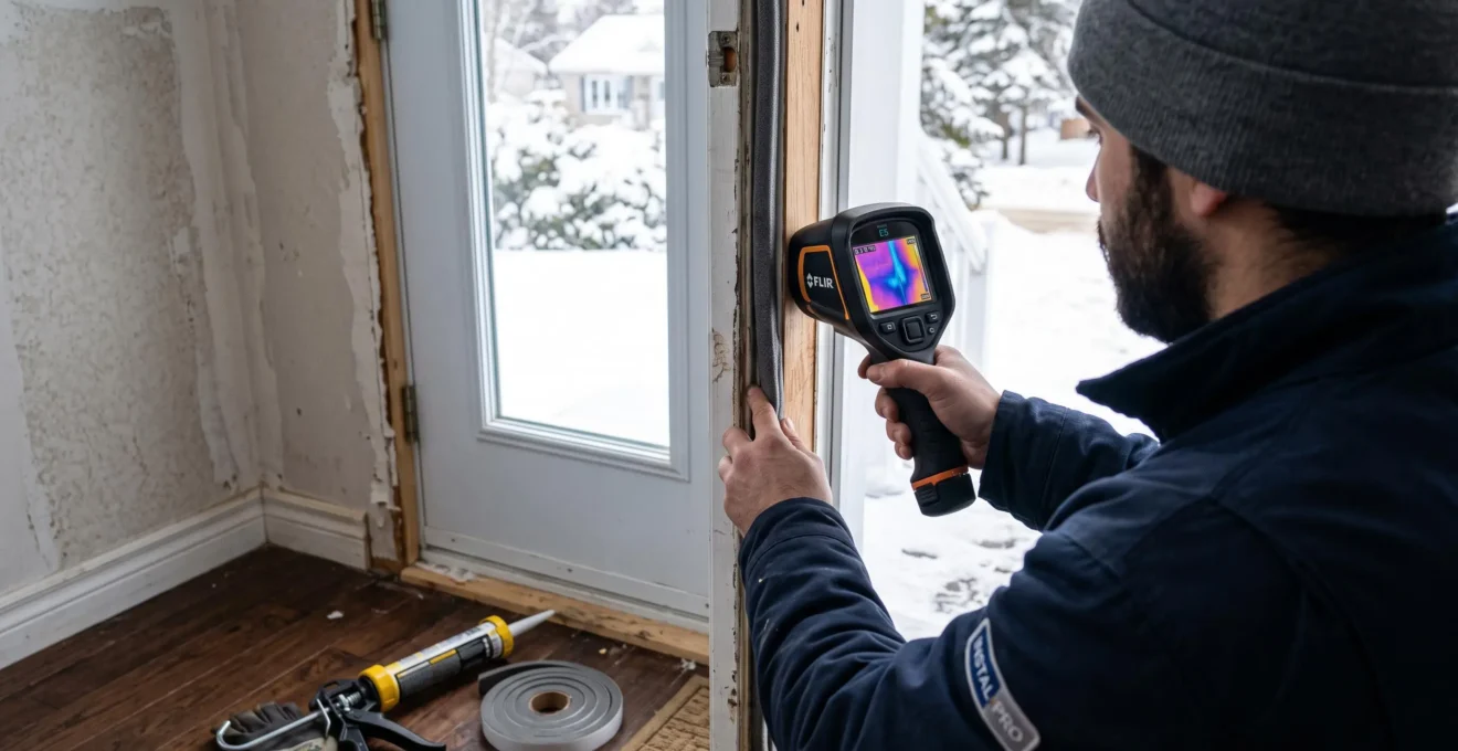 Un installateur thermographie le contour d'une porte pour détecter les fuites d'air.