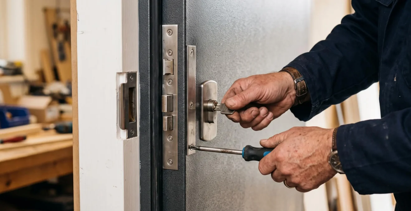 Un installateur vérifie la serrure multipoints d'une porte d'entrée sécuritaire.